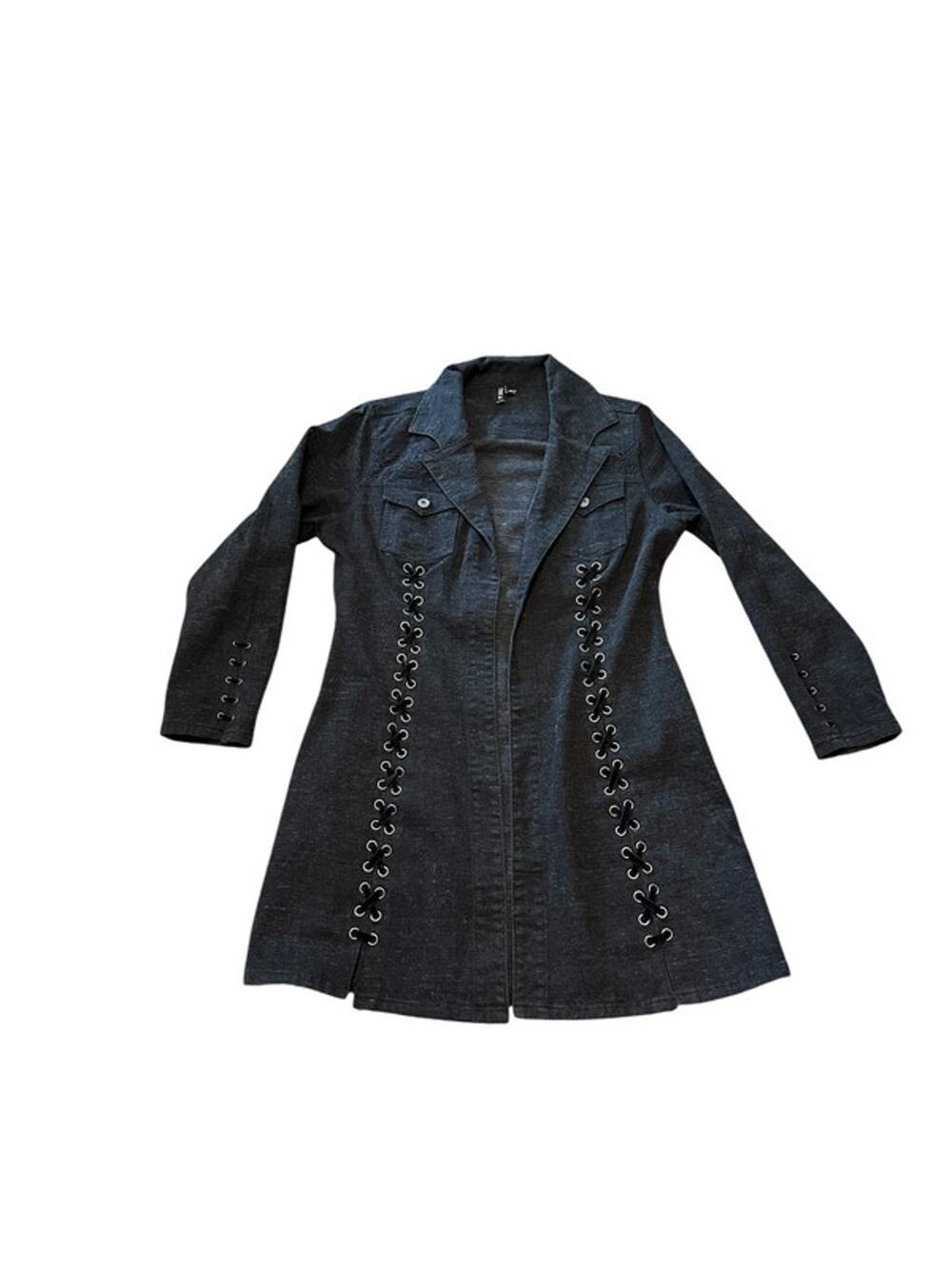 Authentic Ethyl Long Black Denim Lace-Up Duster Jacket
